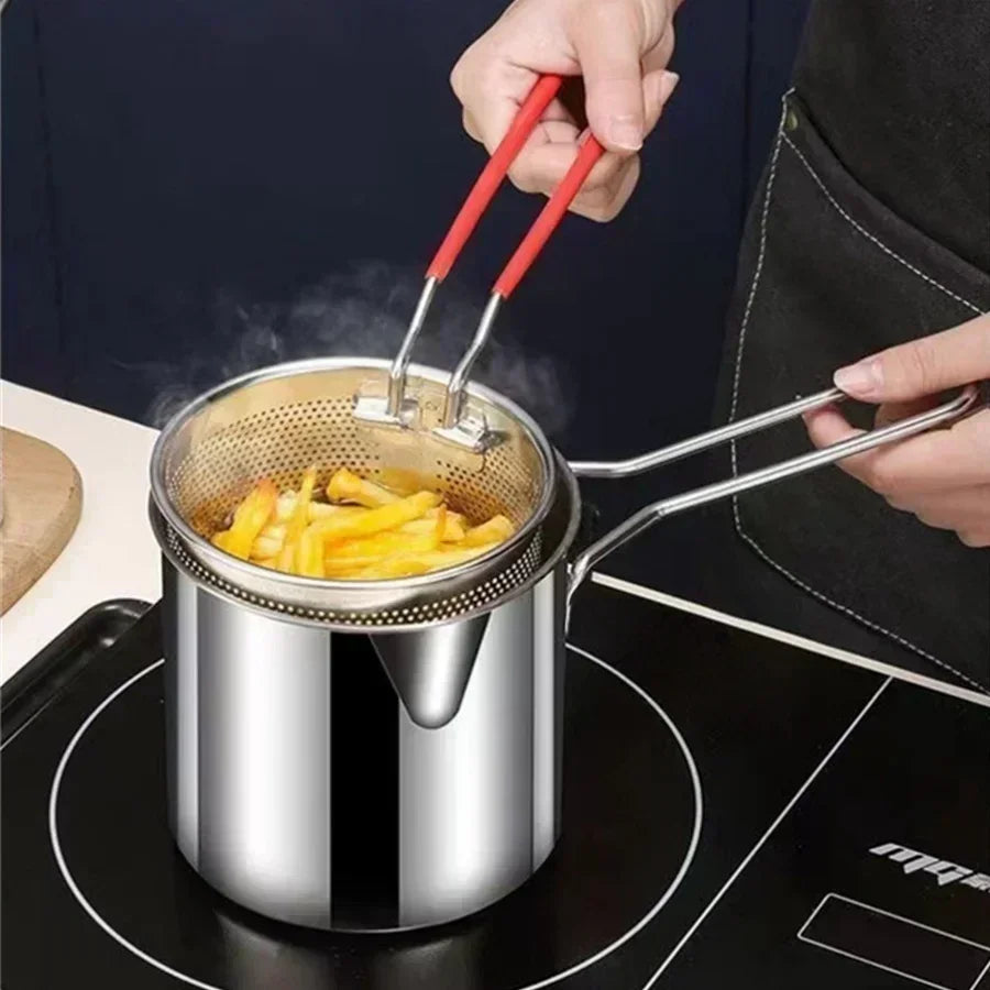Freidora de acero inoxidable con patatas fritas y alitas de pollo, pequeña olla de aceite para el hogar con pantalla de filtro, olla Tianfu Luo