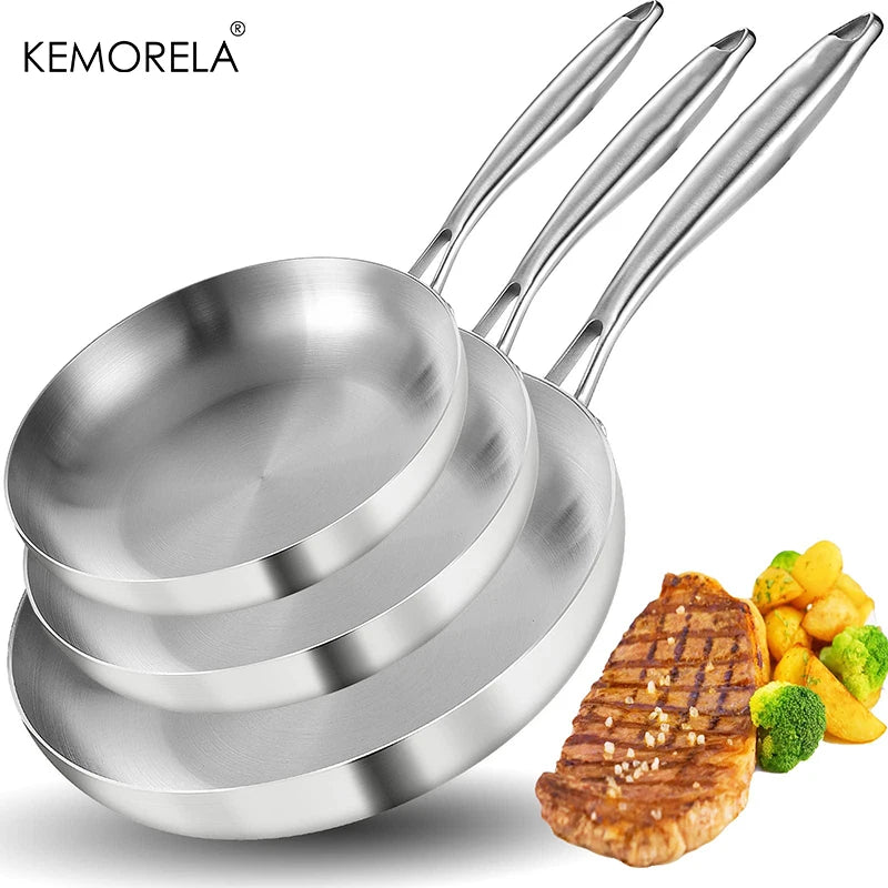 Sartén de 2/3 piezas de 22/24/26/28 cm, acero inoxidable 304, 2 mm de grosor, wok de acero de 5 capas, ollas antiadherentes de grado alimenticio para cocinar