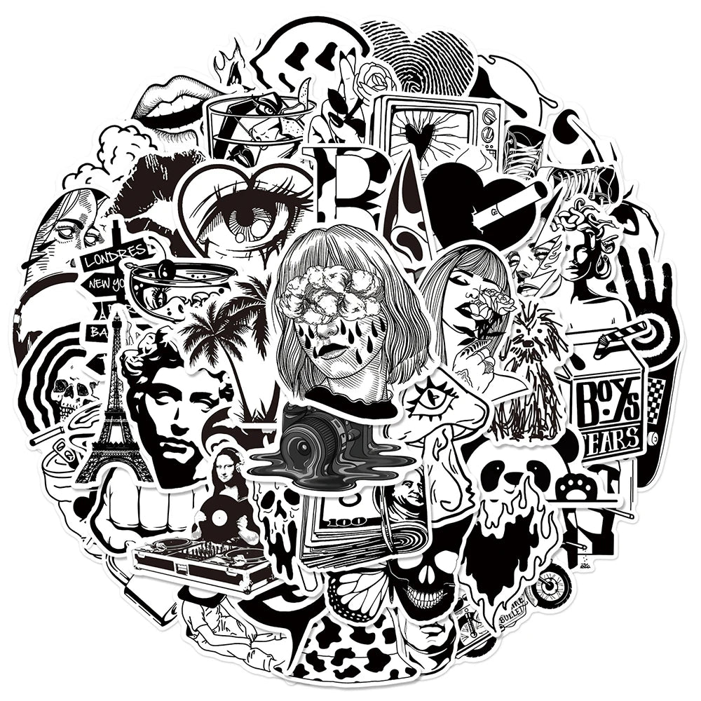 10/30/50 pegatinas de grafiti geniales de estilo artístico en blanco y negro para decoración de laptop, monopatín, motocicleta, teléfono, equipaje, juguete