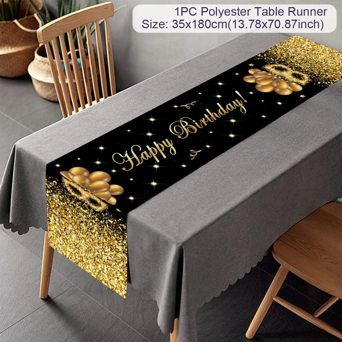 Black Gold Happy Birthday Table Runner 30th 40th 50th Birthday Party Decoration Adult  Anniversary Birthday Party Supplies