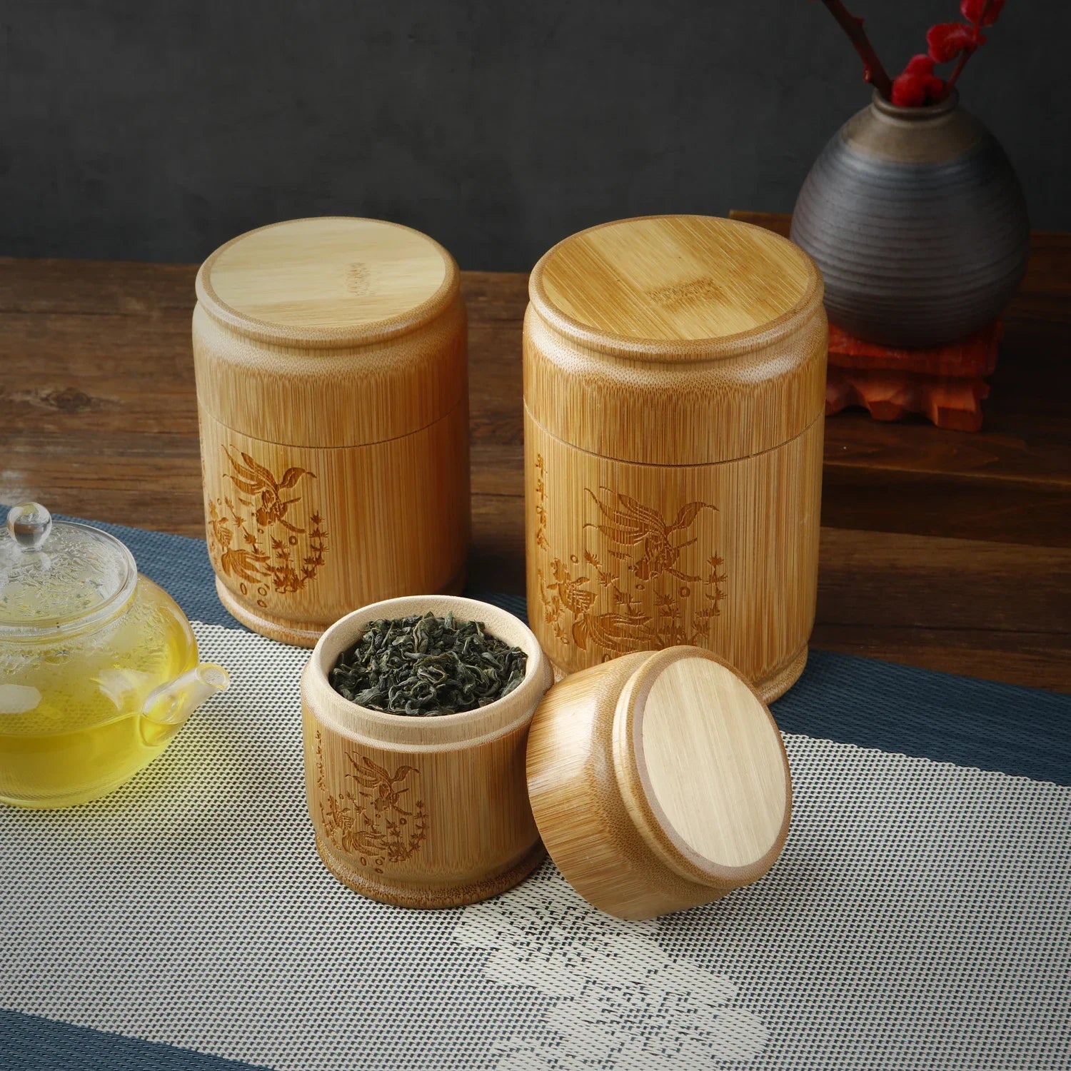 Boîte de rangement de thé en bambou faite à la main, boîte à thé sculptée avec couvercle hermétique, bocaux de rangement de cuisine, accessoires, boîte à épices, organisateur