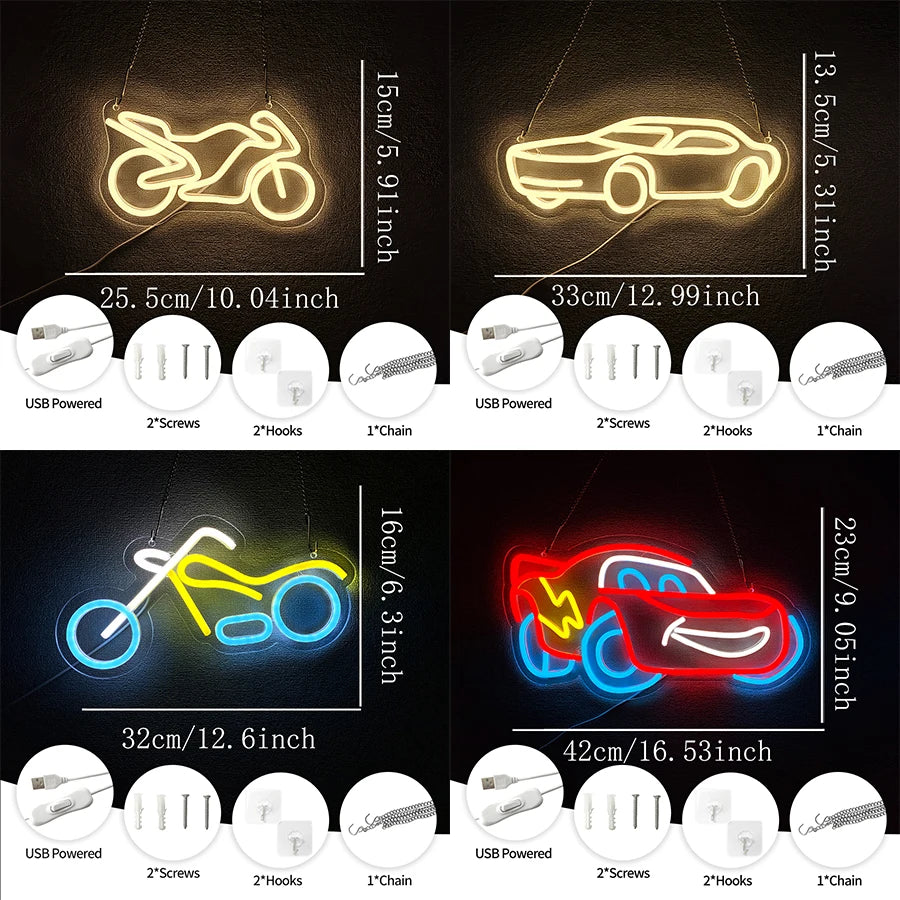 Letreros de neón de la serie de coches, iconos luminosos de motocicletas y coches, alimentados por USB, utilizados para la decoración de habitaciones, bares, clubes, salas de juegos, cuevas de hombres.