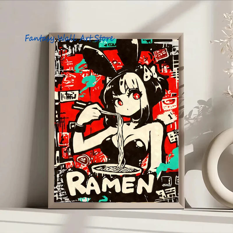 Póster de chica anime con orejas de gato comiendo ramen, estética, arte de anime de ramen, impresiones de estilo japonés, decoración de dibujos animados, pintura en lienzo de chica sexy