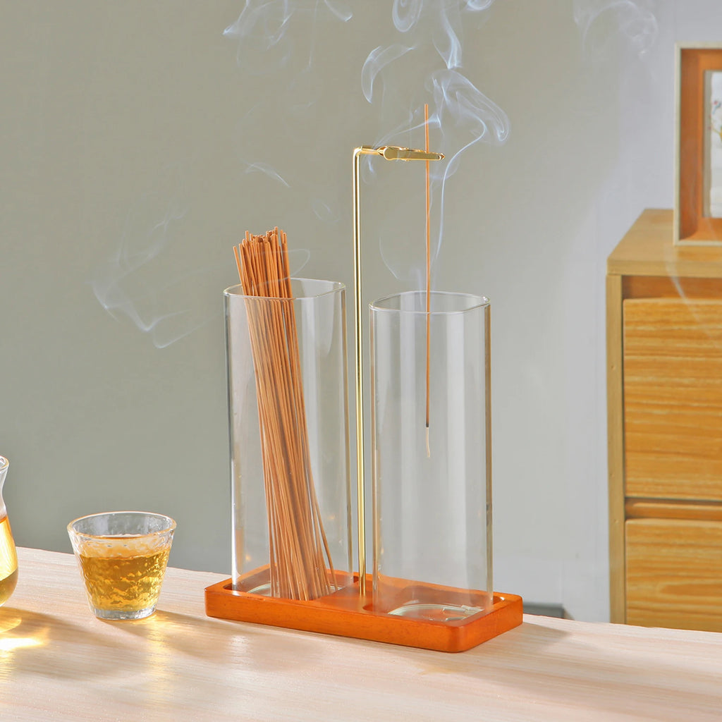 Soporte de incienso 2 en 1, soporte de incienso de vidrio invertido para varillas, quemador de incienso anti-ceniza con recogedor de cenizas y almacenamiento de incienso