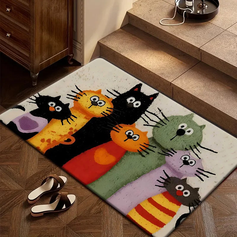 VIKAMA Adorable Tapis de dessin animé Chat Famille Tapis de bienvenue Paillasson Tapis de cuisine Tapis pour salon Tapis de salle de bain Tapis pour chambre à coucher Maison