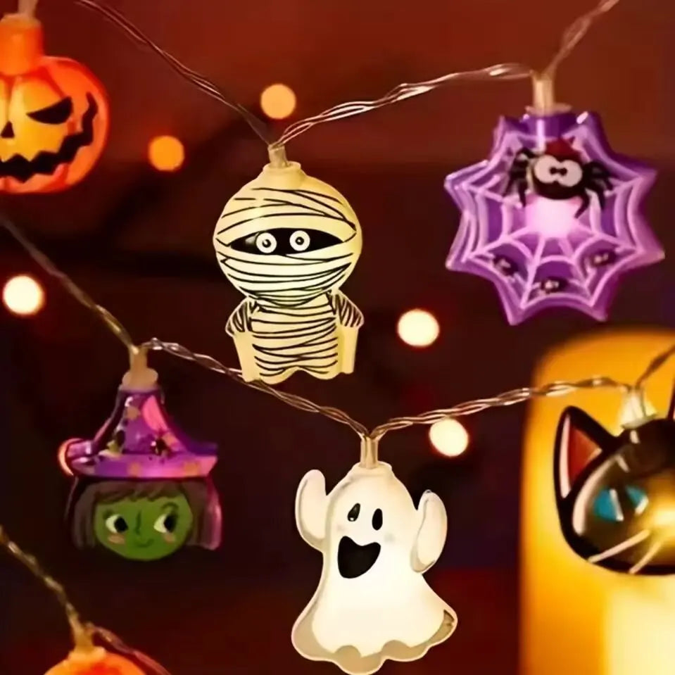 1 guirlande lumineuse d'Halloween 10/20 LED à piles en forme de fantôme, sorcière, chat, citrouille, toile d'araignée, squelette, momie, pirate pour l'intérieur