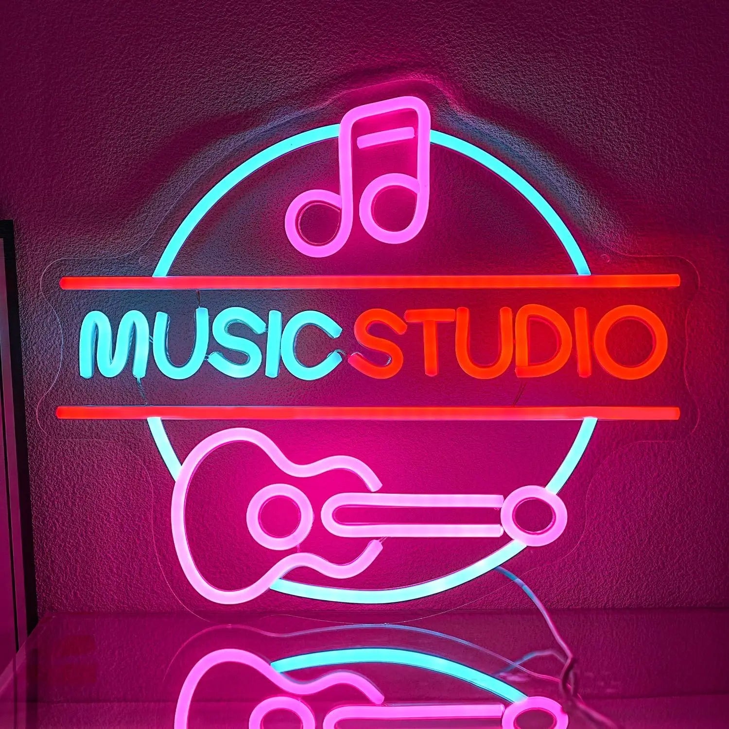 Music Studio Neon Sign with Pink Note and Guitar for Home Studio Bar Band Room Vintage LED Wall Art Glowing Decoration