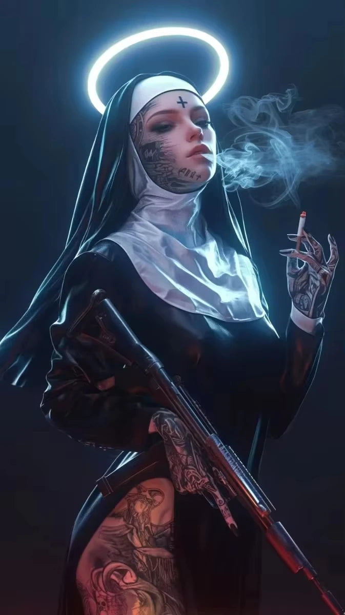 Póster de Monja con Ametralladora Tatuada Sexy, Estampado de Monja Cristiana Fumando, Lienzo para Sala de Estar, Fondo de Pared, Decoración del Hogar