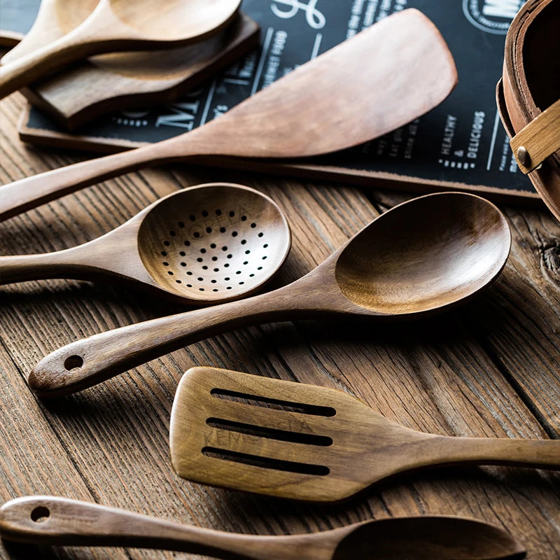 9 ustensiles de cuisine en bois, ensemble d'ustensiles de cuisine en teck avec support, cuillères en bois pour la cuisine
