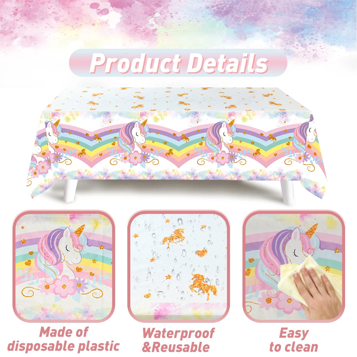 Mantel de PE Unicornio Arcoíris Decoraciones de Fiesta de Cumpleaños Temática Unicornio Feliz Regalos para Niños Cubierta de Mesa Suministros para Baby Shower de Niñas