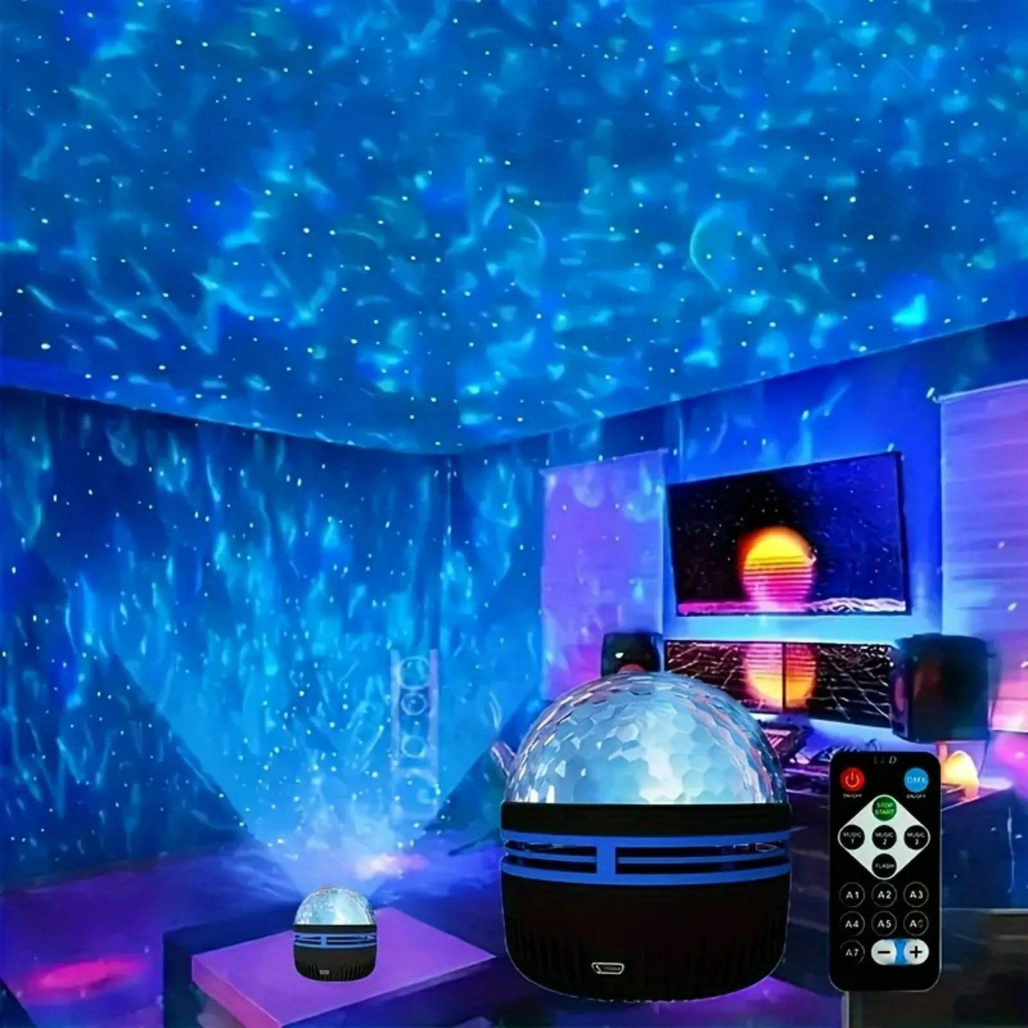 Lámpara de proyección de atmósfera con proyector LED Galaxy Light RGB Starry Sky, control remoto de Navidad y Halloween, 7 colores, giro automático en casa