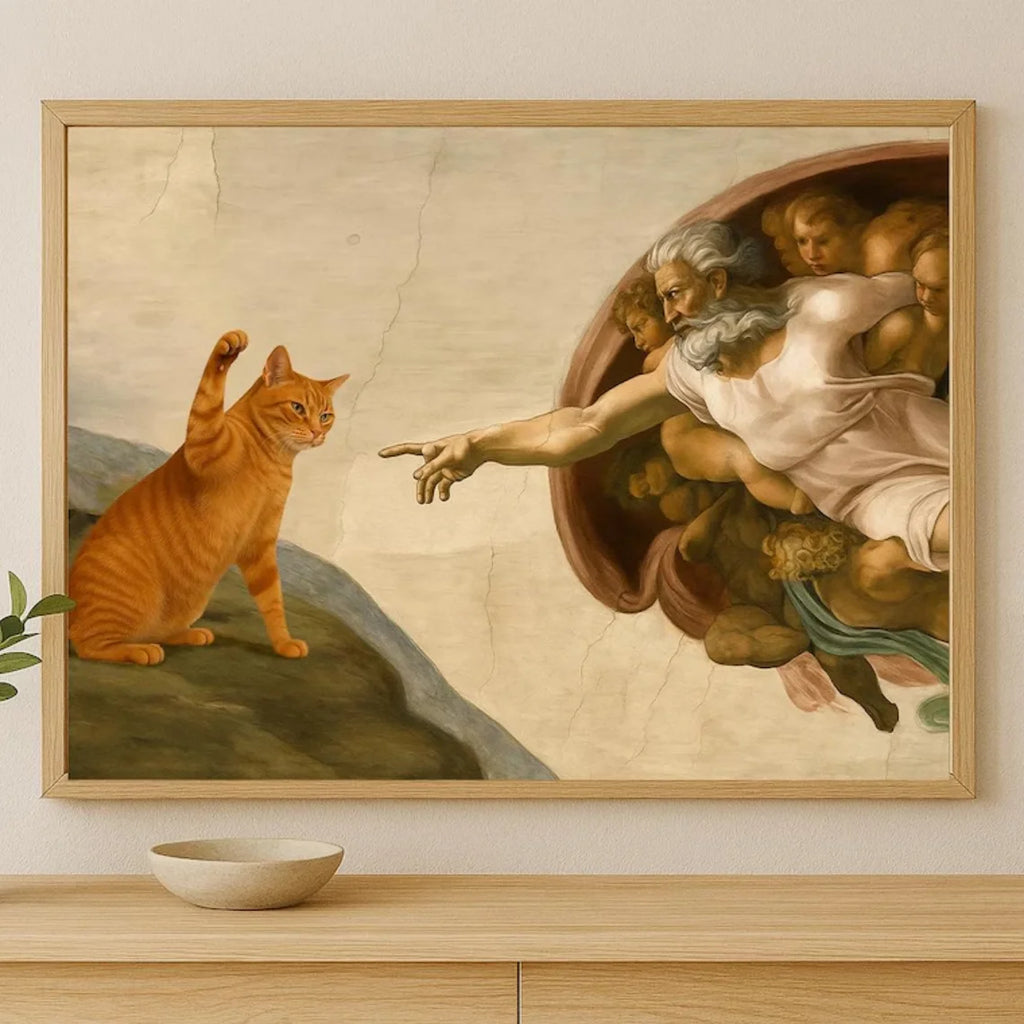 "Décor mural fantaisiste 'La Création d'Adam' avec Chat Orange - Affiche Parodie d'Art Classique pour Salon Éclectique, Originale