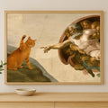 "Décor mural fantaisiste 'La Création d'Adam' avec Chat Orange - Affiche Parodie d'Art Classique pour Salon Éclectique, Originale