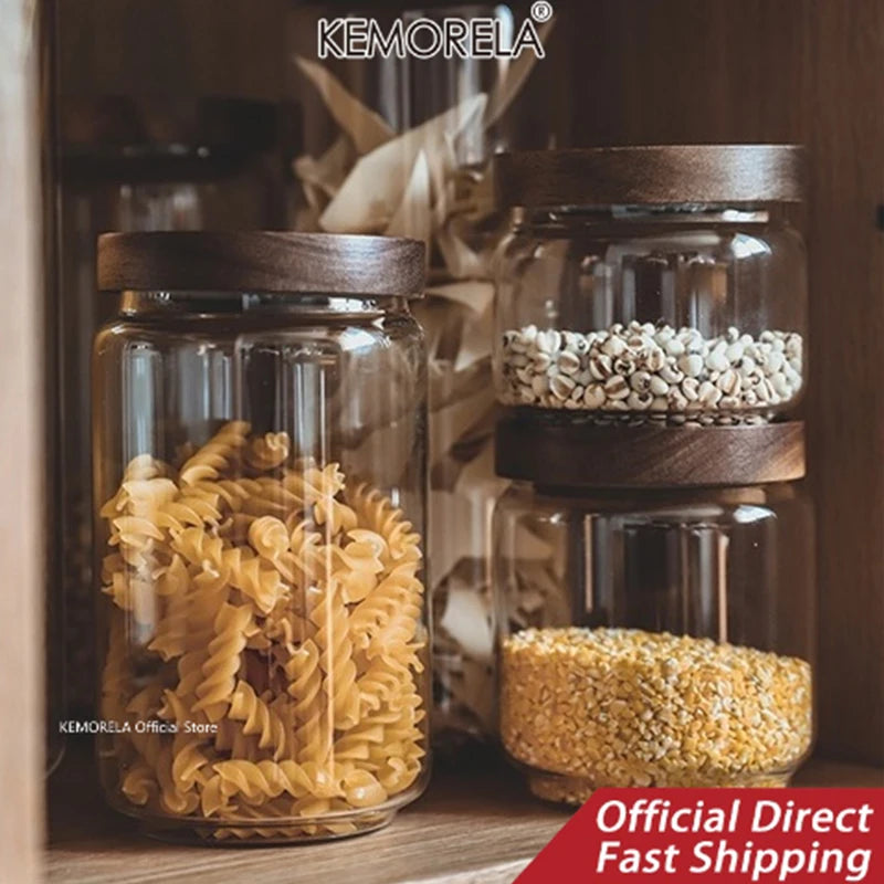 Botes de Cristal Herméticos con Tapa de Madera para Almacenamiento en Cocina, Frascos Contenedores de Alimentos, Granos, Té, Café en Grano, Cereales, Dulces