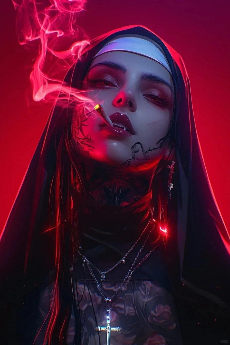 Póster de Monja con Ametralladora Tatuada Sexy, Estampado de Monja Cristiana Fumando, Lienzo para Sala de Estar, Fondo de Pared, Decoración del Hogar