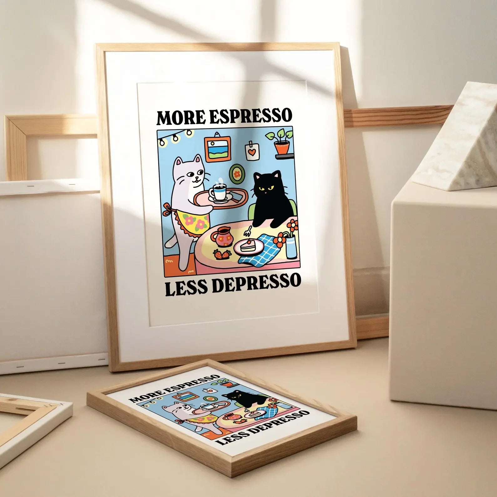 Más Expreso Menos Depresión Póster Gato Negro, Póster Gato Cafetero, Arte de Cocina, Póster Gato Cafetero Hecho a Mano, Barra de Café, Único