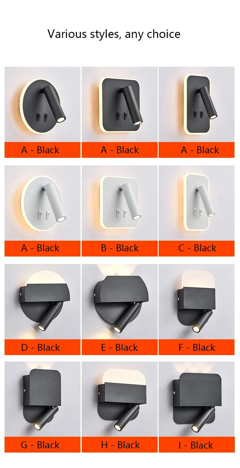 Applique Murale Moderne Minimaliste LED USB Rechargeable Lampe de Chevet Intérieure pour Chambre d'Hôtel Liseuse Applique Murale avec Interrupteur AC 90~240V
