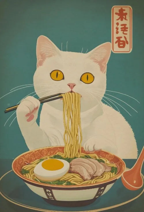 Póster Vintage Japonés Gato Comiendo Ramen Sushi Maneki Neko Arte de Pared de Cocina Gato Japonés Neko Decoración de Pared Lienzo Pintura Restaurante