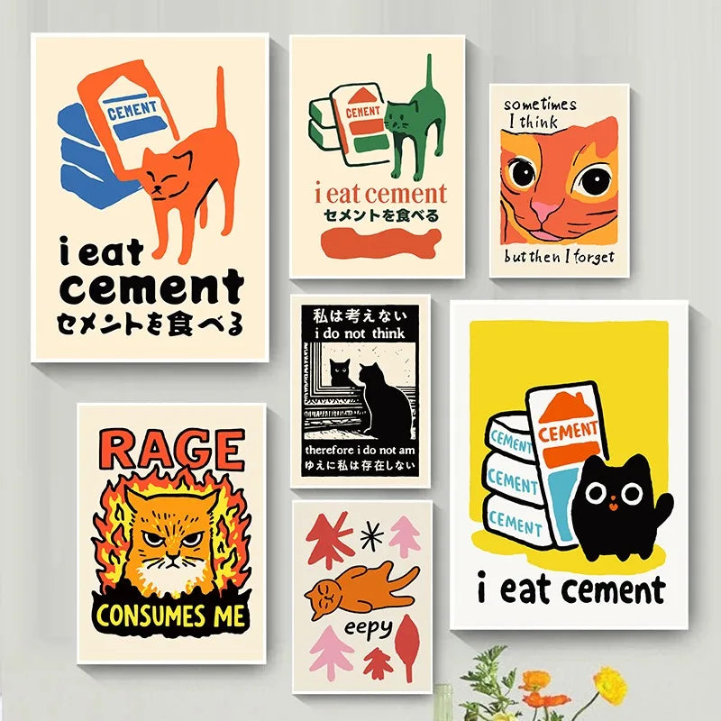 Póster divertido de meme de gato, dibujos animados japoneses de arte de gato, lienzo impreso de cultura de memes de Internet, decoración moderna para sala de estar, dormitorio, regalo