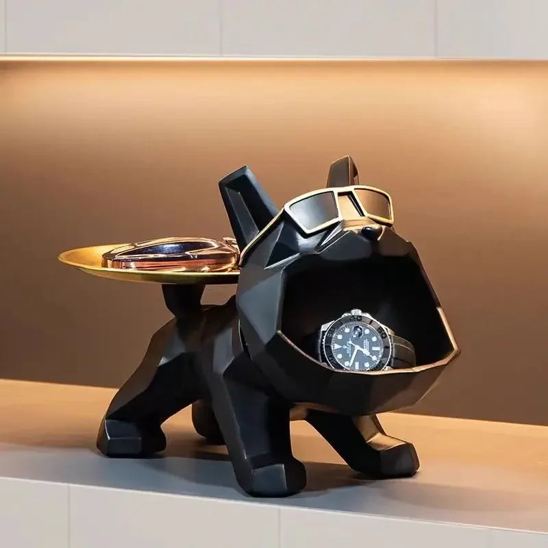 Artesanía de Bulldog de Resina Fresca, Mayordomo de Perro Matón con Bandeja para Llavero, Almacenamiento de Joyas, Estatua Decorativa para el Hogar, Escultura de Animales