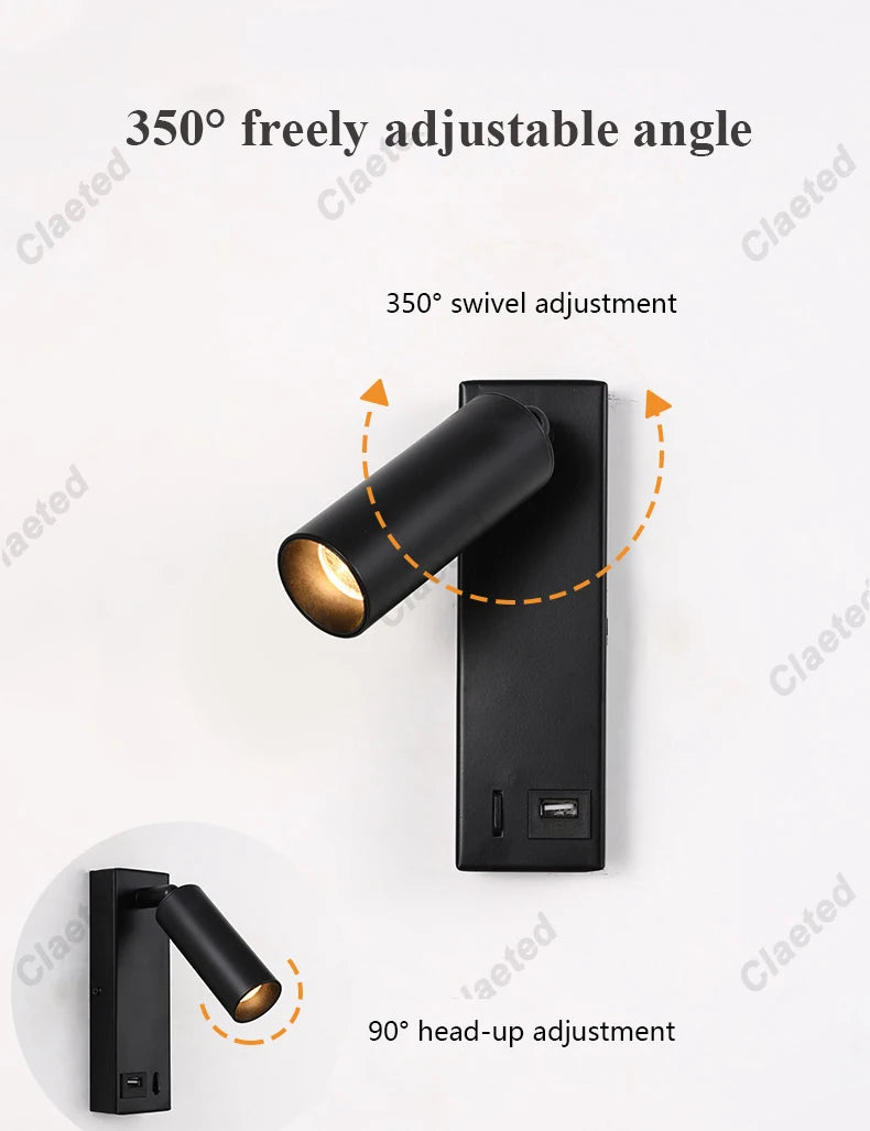 Nouvelle Applique Murale LED avec Interrupteur, en Laiton Noir, Lampe de Lecture Murale Créative avec Port USB et Spot de 3W pour Chambre à Coucher, Chevet