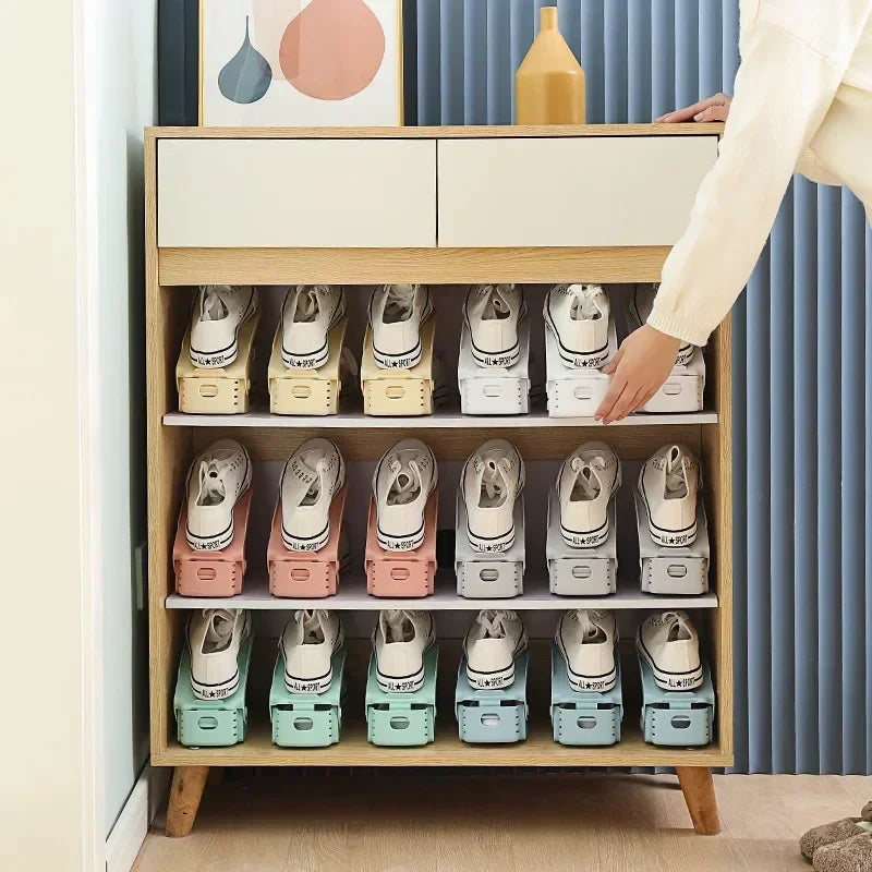 Organizador de zapatos apilable ajustable de 5/10 piezas, ranuras para zapatos, ahorrador de espacio, soporte de estante de zapatos de doble piso para organización de armario