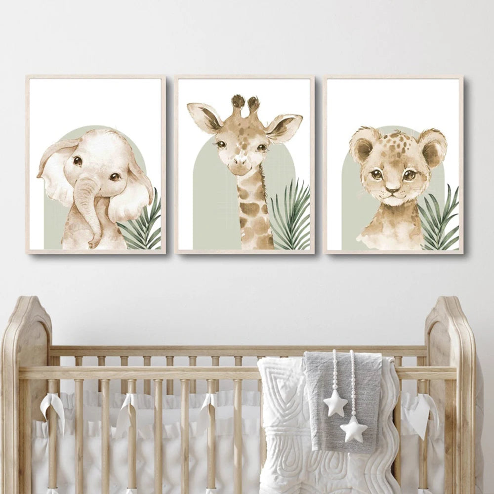 Peinture sur toile imprimée motif animaux mignons scandinaves : éléphant, girafe, chat, pour salon, salle de jeux, chambre d'enfant, décoration d'intérieur