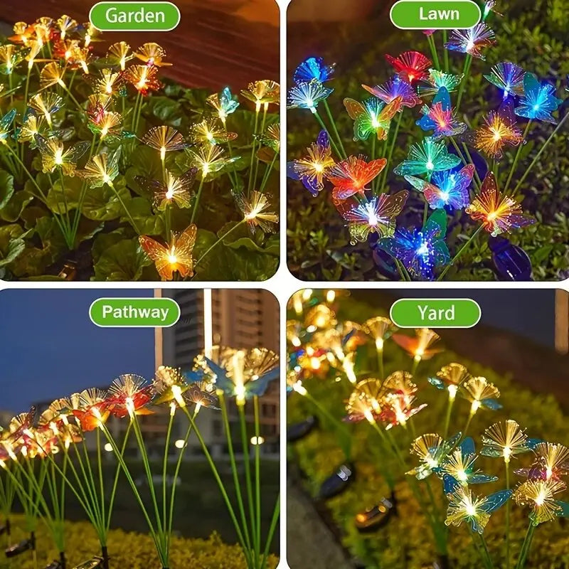 1 lampe solaire à fibre optique LED papillon à 6 têtes, 2 modes d'éclairage d'ambiance extérieur idéal pour jardin, allées, pelouse, patio, cour