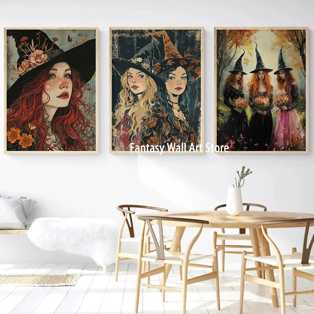 Estampa artística de bruja, bruja con luna llena, decoración de pared, pintura de brujas en la oscuridad, decoración de pared, póster de lienzo, decoración romántica oscura