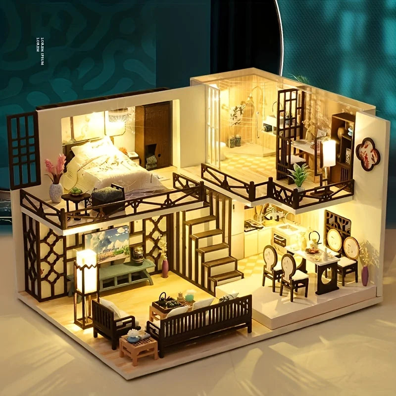 1 unidad, casa de muñecas de madera DIY, kit de modelo de montaje, rompecabezas 3D, regalos de cumpleaños y Navidad para adolescentes y adultos, micro modelo de decoración del hogar