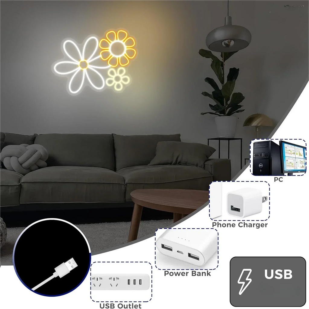 Letrero de neón de flores LED para decoración de pared para dormitorio, club, fiesta, Día de San Valentín, regalos de cumpleaños para niña, funciona con USB