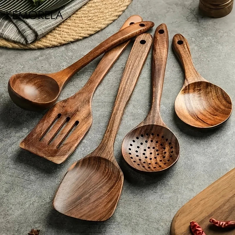 5PCS Cuchara de Cocina de Teca de Tailandia Herramienta de Vajilla de Madera Natural Cucharón Espátula Colador de Arroz Espumadera de Sopa Utensilios