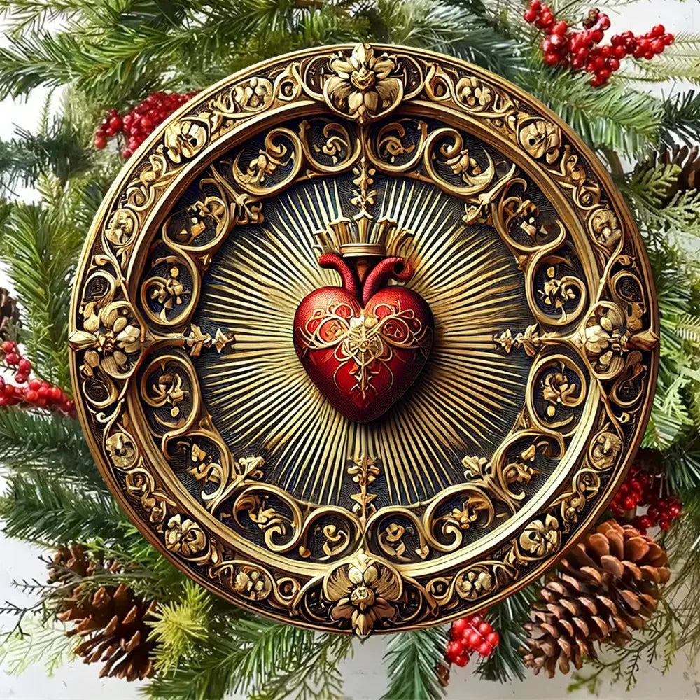 Arte de Pared Vintage del Sagrado Corazón de Aluminio - Decoración Religiosa Dorada y Roja, Arte Espiritual para el Hogar u Oficina