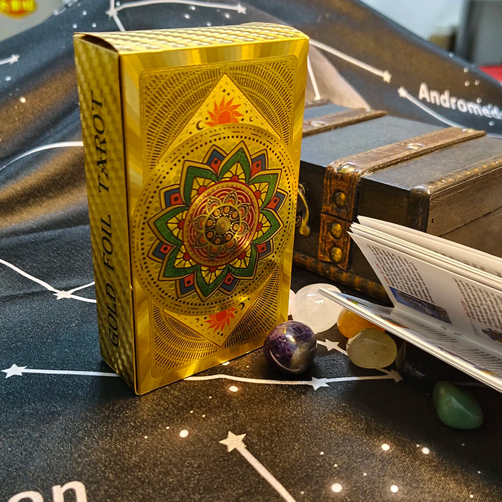 Magnifiques Cartes de Tarot en Plastique Doré Merveilleux Jeux de Société de Divination Prédictive Jeu d'Oracle Astrologique Étanche avec Livret