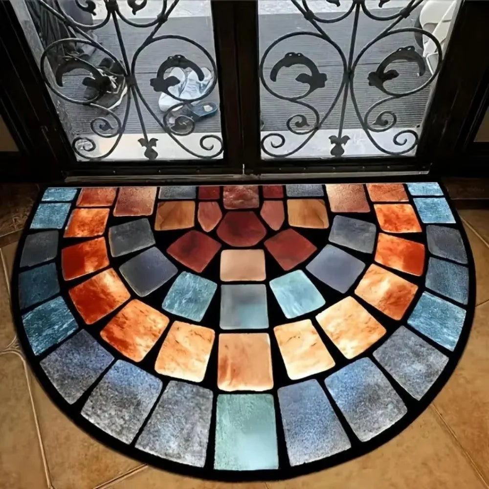 Felpudo de entrada semicircular estilo vintage americano VIKAMA, patrón de mosaico de azulejos de piedra de colores, alfombra antideslizante y absorbente, decoración del hogar