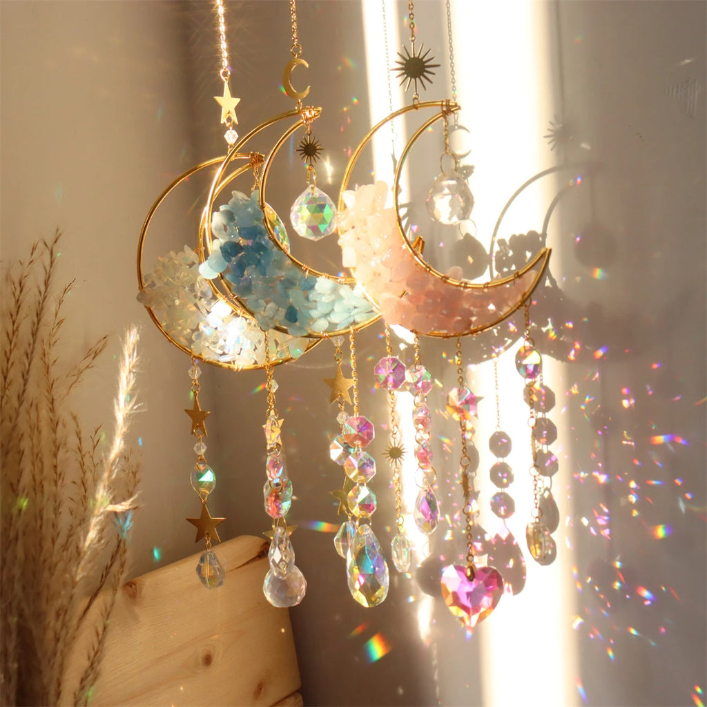 Pendentif attrape-soleil en cristal de couleur violet, bleu, vert et rose en forme de lune sablier, décoration à suspendre en forme de demi-lune pour fenêtre - Maison et jardin