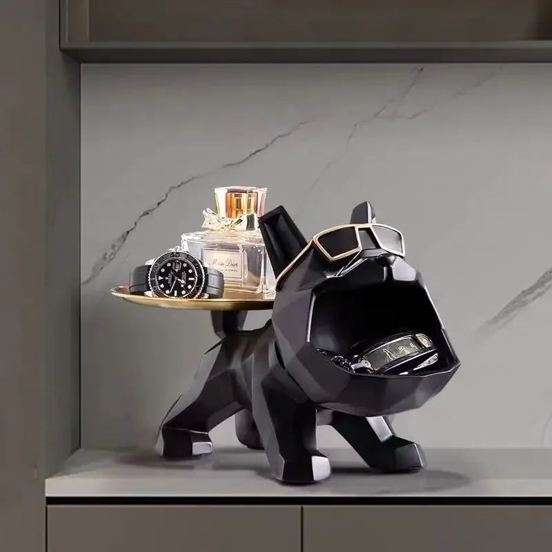 Artesanía de Bulldog de Resina Fresca, Mayordomo de Perro Matón con Bandeja para Llavero, Almacenamiento de Joyas, Estatua Decorativa para el Hogar, Escultura de Animales