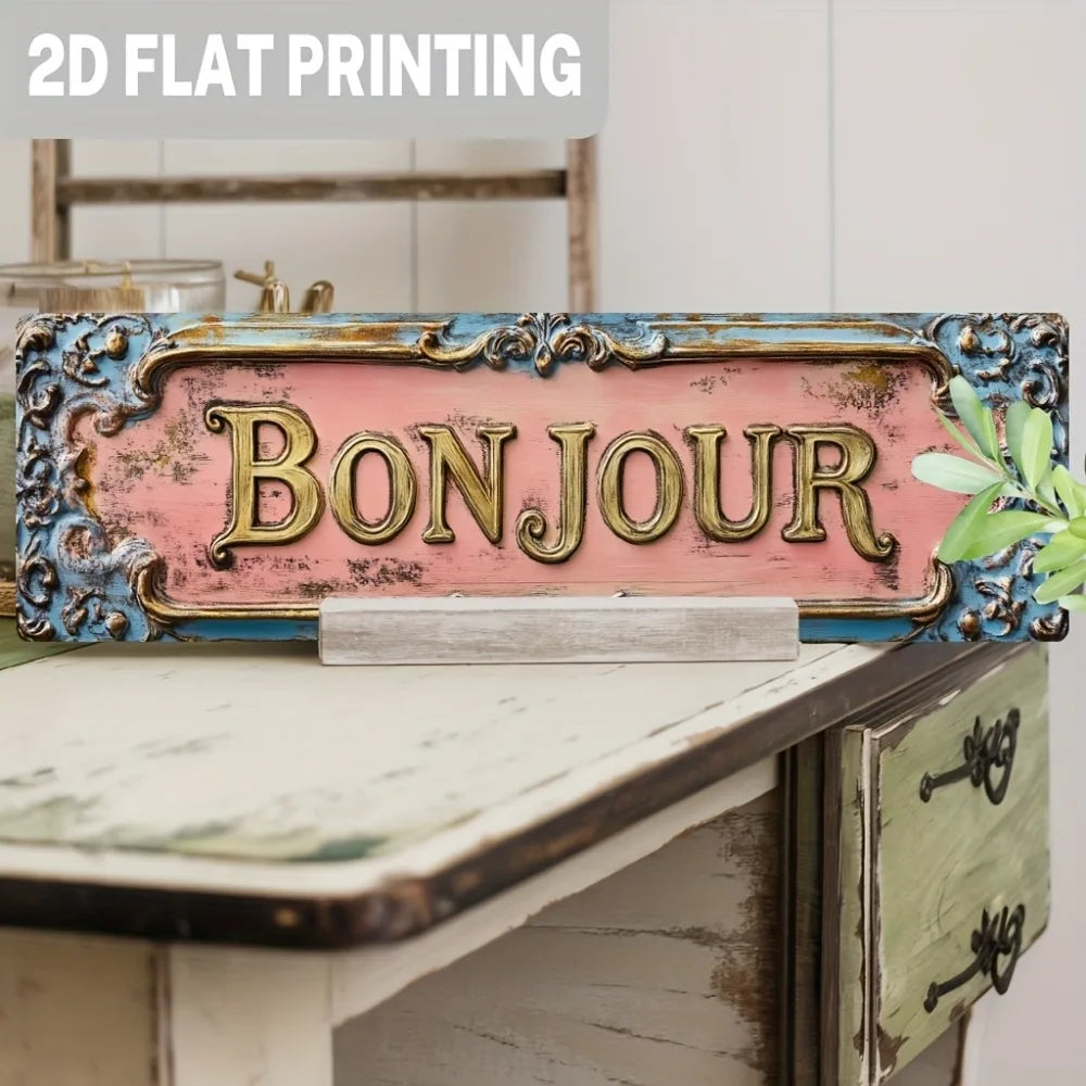 Cartel de madera vintage francés "Bonjour" - Decoración floral parisina para cafetería de 5x16", arte para sala de estar o dormitorio