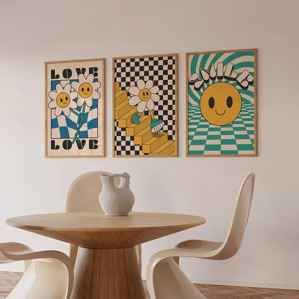 Classic Vintage Wall Art Laughing Smiling Flower Cartoon Funky Hippie HD Canvas Print Poster Home Living Room Bedroom Decoration