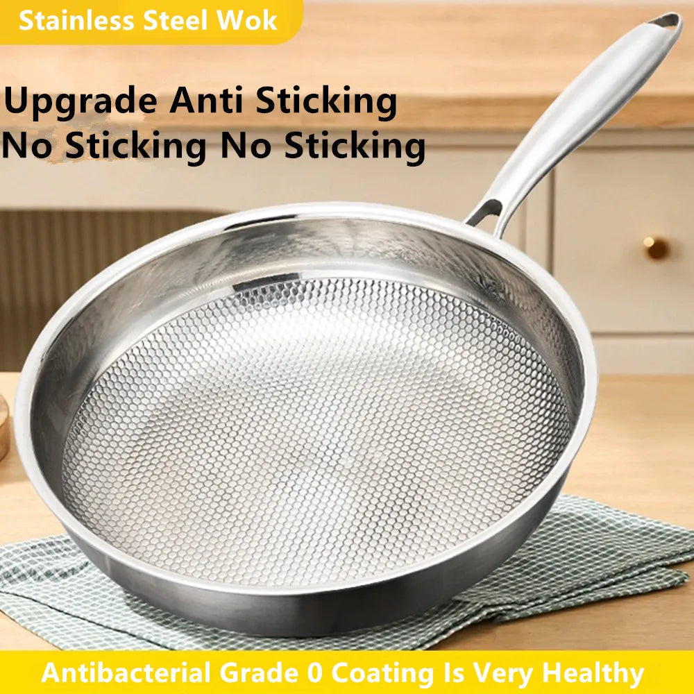 Wok en acier inoxydable 304 Poêle à frire antiadhésive Poêle à steak Ustensiles de cuisine non revêtus adaptés à la cuisinière à gaz et à l'induction