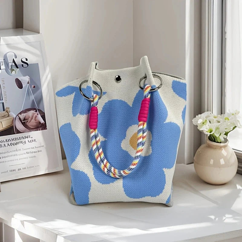 Bolso tote de punto vintage floral para mujer, bolsa de almacenamiento ligera con correas ajustables y anillos de metal, cierre de broche para viajes casuales