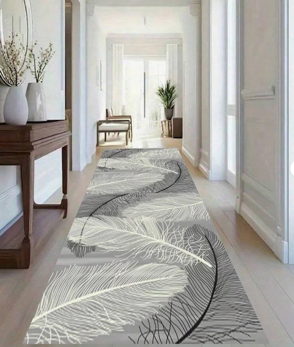 Geometric Gold Floral Feather Long Runner Rug Modern Vintage Mat Non Slip Durable for Hallway Kitchen Living Room Home Decor