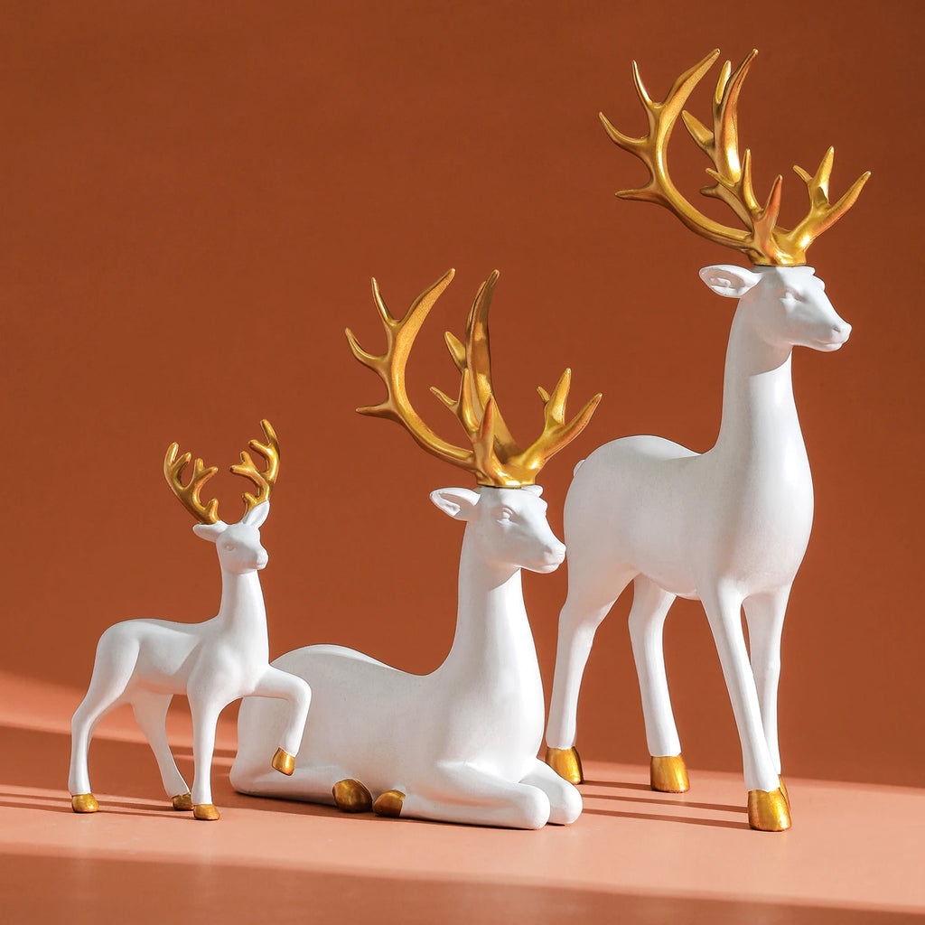 3 figuras grandes decoraciones navideñas de reno flocado rosa, estatua de decoración navideña, alce blanco de resina sintética sólida
