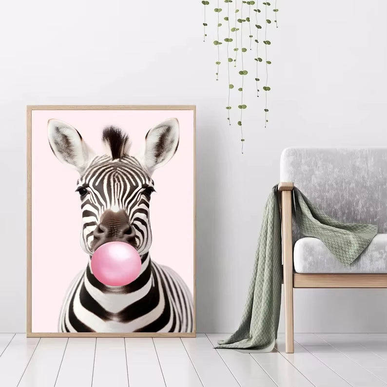 Affiche murale toile d'art mignonne de girafe panda rose, lapin, guépard, zèbre soufflant de la gomme à bulles, peinture pour chambre d'enfant, décoration d'impression animale