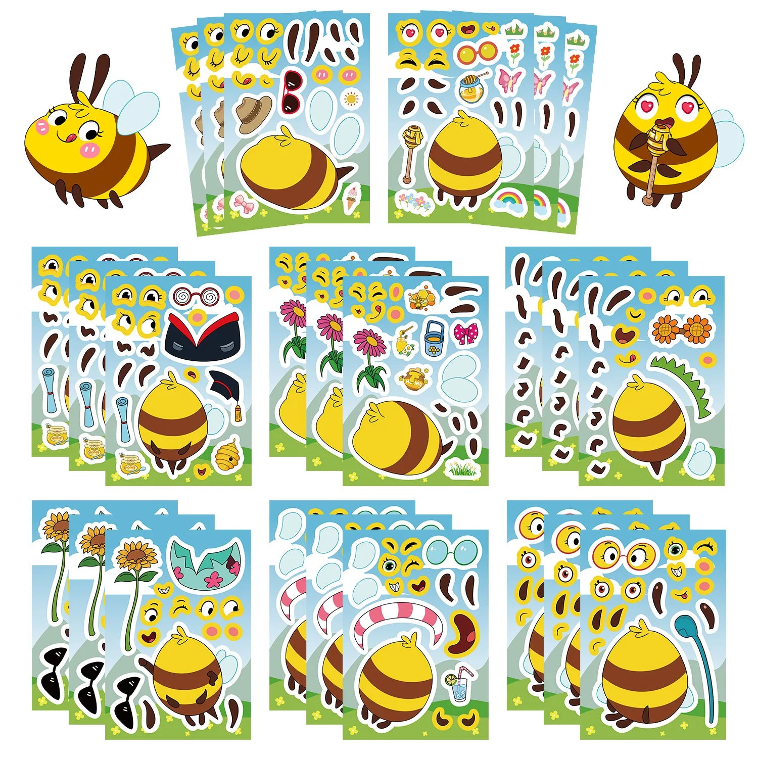 8/16/24PCS Juguete Pegatinas de Rompecabezas Expresiones de Abejas de Dibujos Animados Haz Pegatinas de Caras Manualidades DIY Pegatinas Impermeables