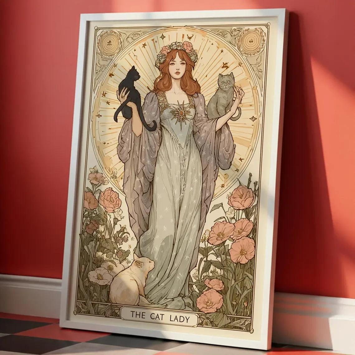 Lámina de Tarot La Dama Gata, Arte de Pared Modernista para Amantes de los Gatos, Póster Vintage de Gatos, Regalo para Mamá Gata, Lámina de Gato Única, Decoración de Apartamento
