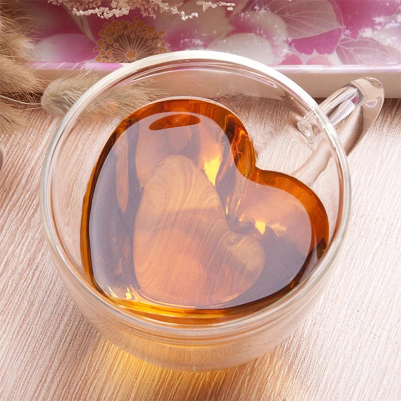 Tasses de couple en verre en forme de cœur, tasses à double paroi en verre, verres à vin résistants à la chaleur, tasses à thé, tasses à café expresso au lait, articles de boisson.