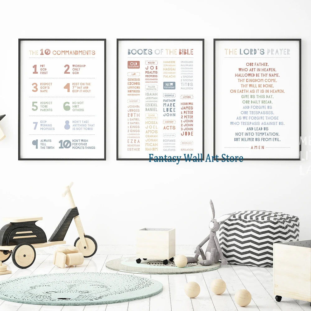 Livres de la Bible 10 Dix Commandements Éducation Chrétienne Toile Affiche Scripturaire Enfants École Maternelle Chrétienne Décoration Église Dimanche