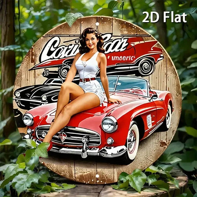 [2D Plano] Cartel Metálico de Coche Clásico Vintage - Decoración Redonda de Pared de Aluminio con Ilustración de Chica y Coche Clásico, Coche Rojo Retro