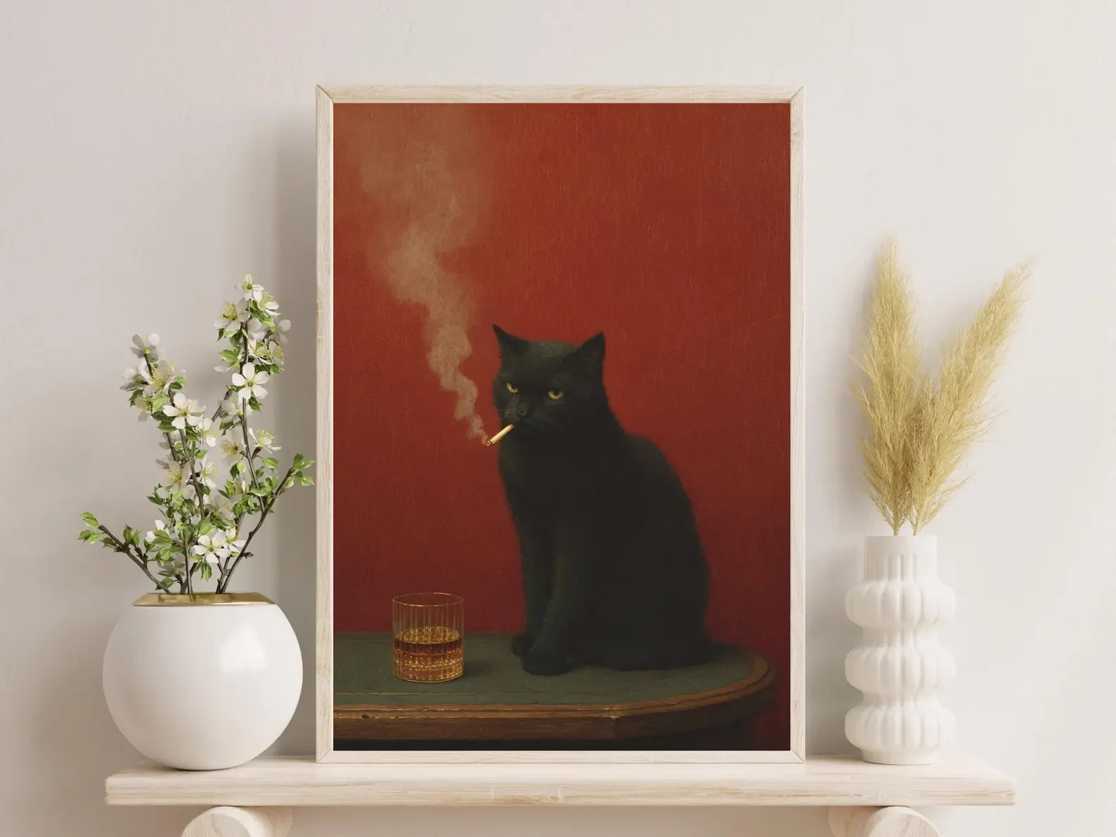 Black Cat Smoking a Cigarette Vintage Poster Art Retro Whimsical Print Funny Animal Wall Decor Poster for Bar Cart Quirky Kitche